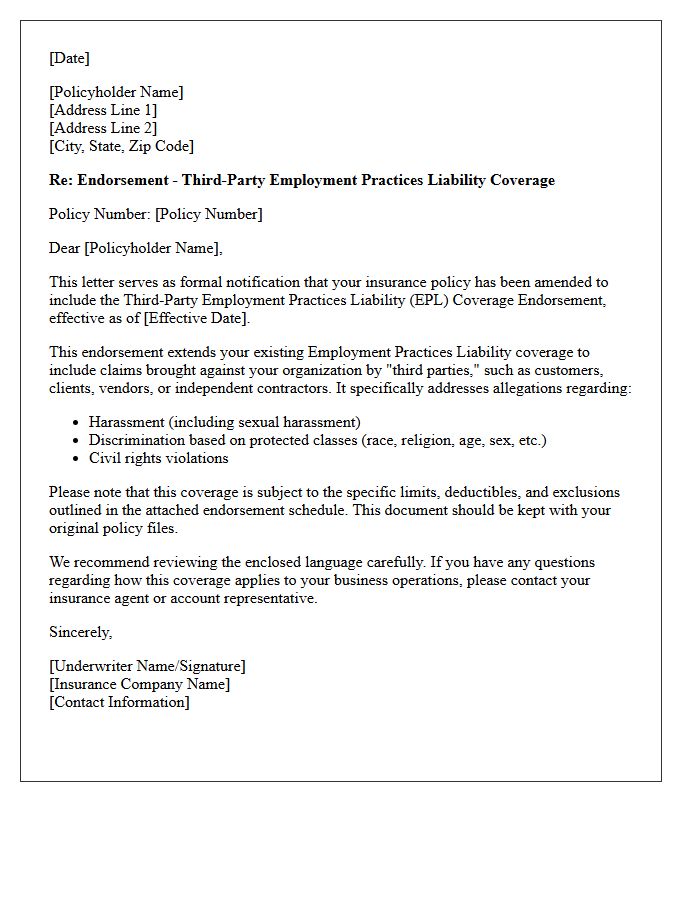 Third-Party Employment Practices Liability Coverage Endorsement Letter