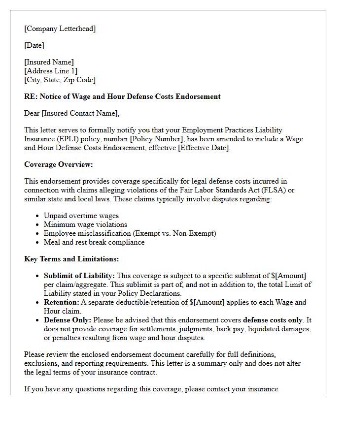 Wage and Hour Defense Employment Practices Liability Endorsement Letter