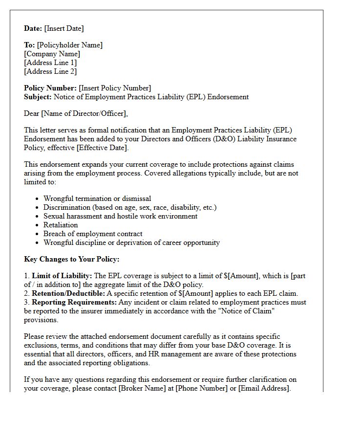 Directors and Officers Policy Employment Practices Liability Endorsement Letter