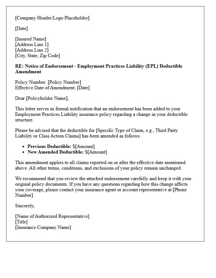 Deductible Amendment Employment Practices Liability Endorsement Letter