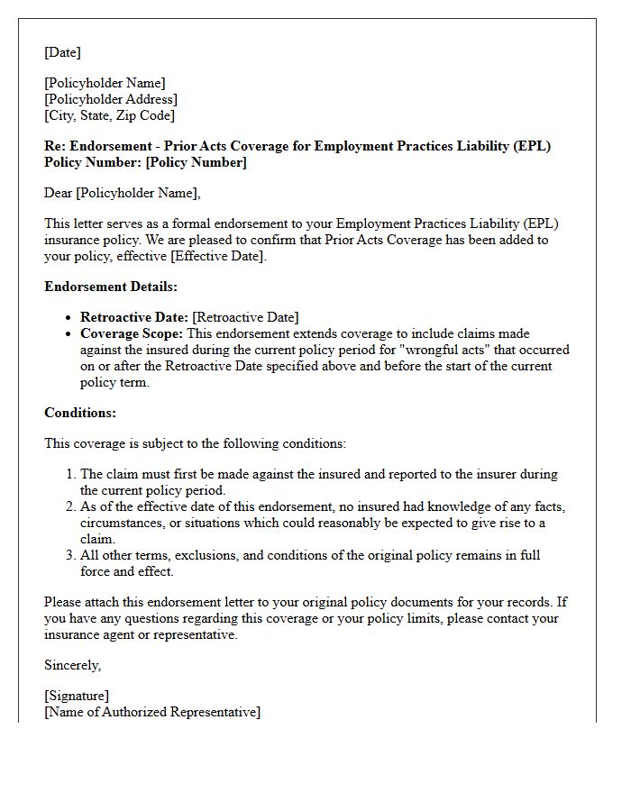 Prior Acts Coverage Employment Practices Liability Endorsement Letter