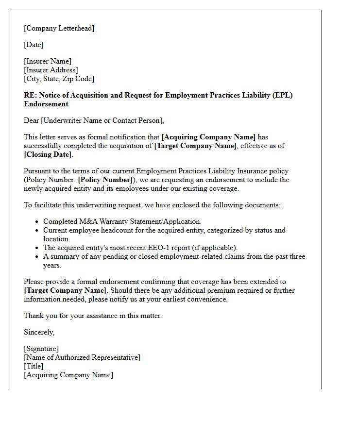 Mergers and Acquisitions Employment Practices Liability Endorsement Letter