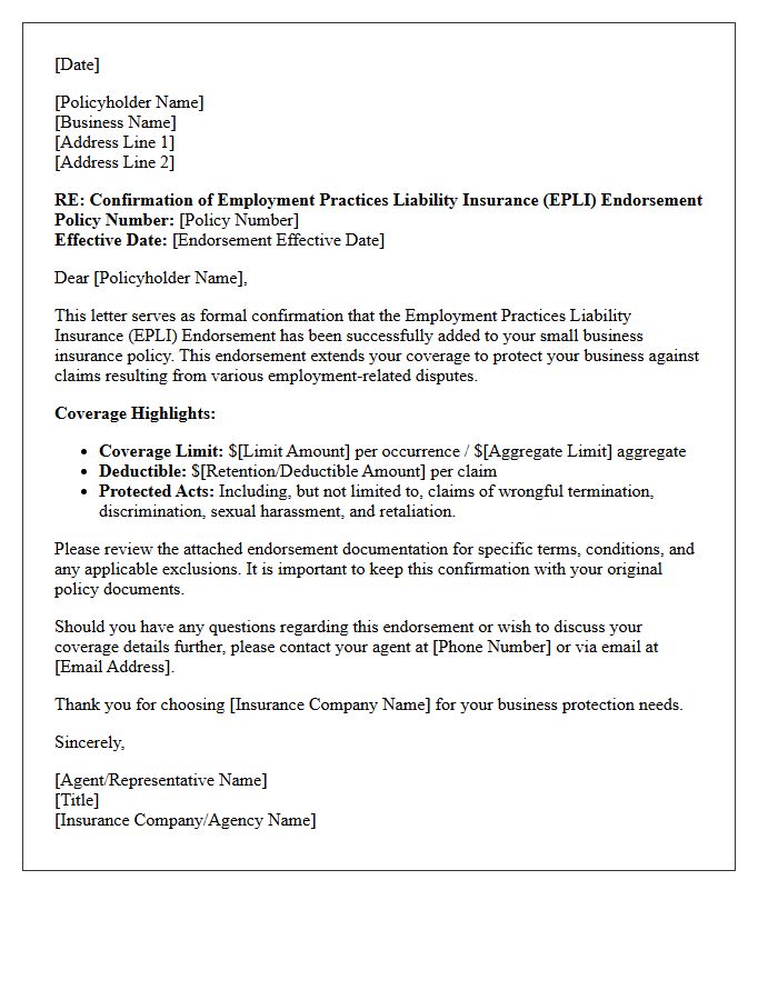 Small Business Employment Practices Liability Endorsement Confirmation Letter