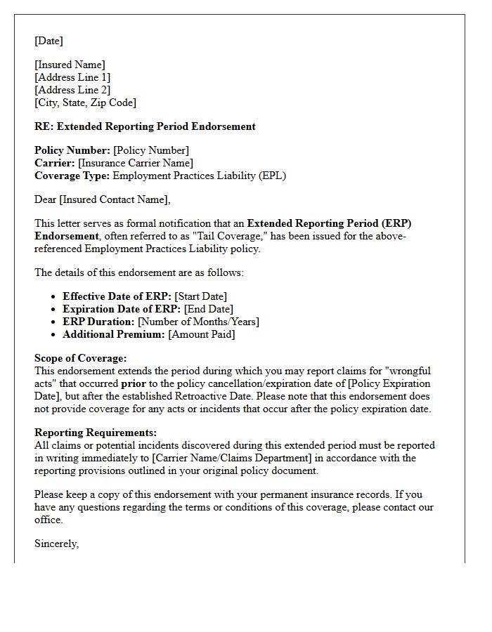 Extended Reporting Period Employment Practices Liability Endorsement Letter