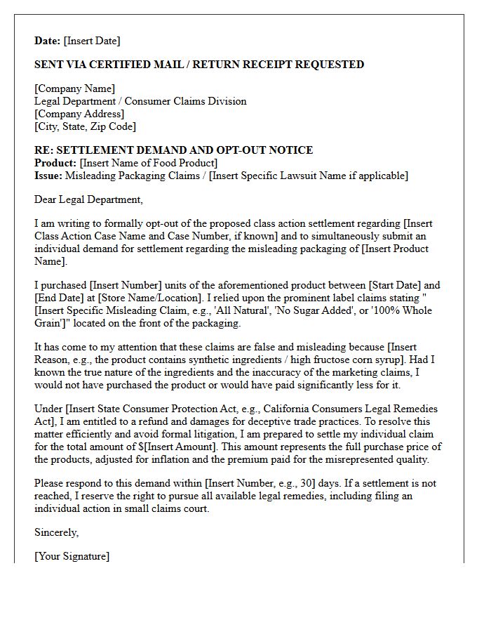 Misleading Food Packaging Claims Opt-Out Settlement Demand Letter