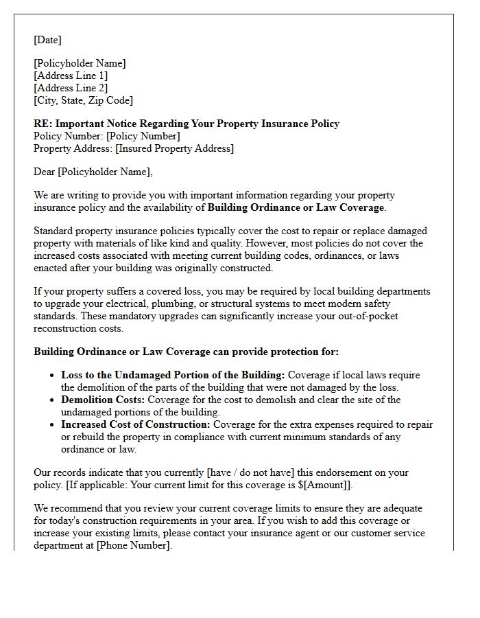 Building Ordinance or Law Coverage Endorsement Notice Letter
