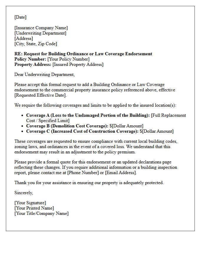 Commercial Property Building Ordinance or Law Coverage Endorsement Letter