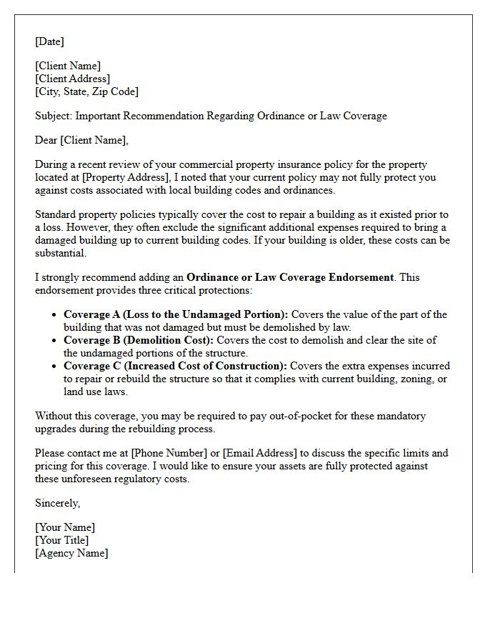 Building Ordinance or Law Coverage Endorsement Recommendation Letter