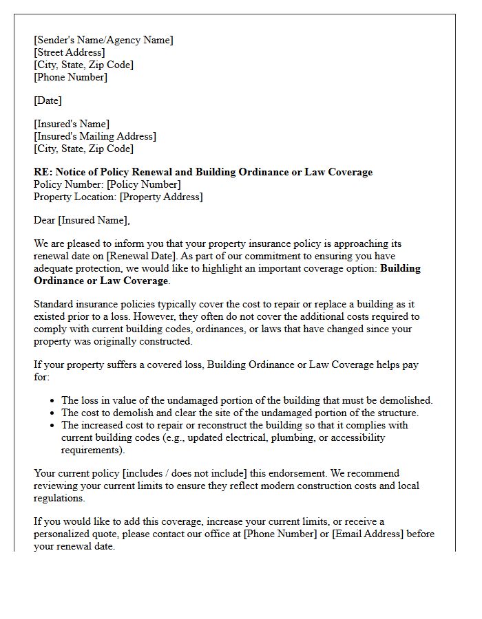 Policy Renewal Building Ordinance or Law Coverage Endorsement Letter