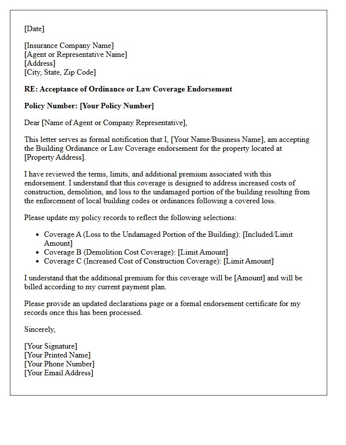 Building Ordinance or Law Coverage Endorsement Acceptance Letter