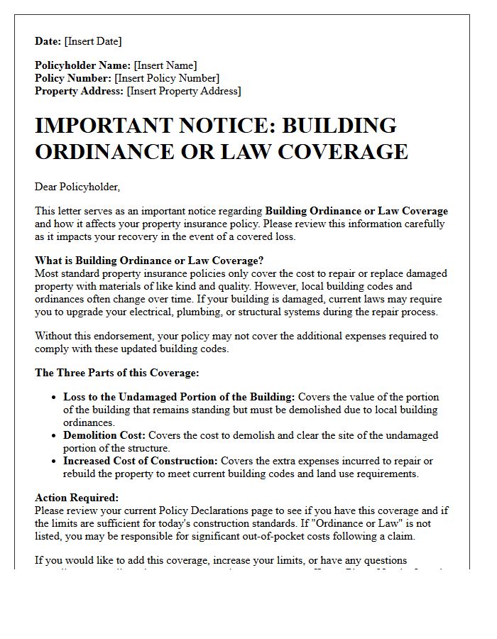 Important Notice Building Ordinance or Law Coverage Endorsement Letter