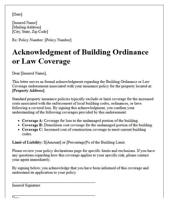 Building Ordinance or Law Coverage Endorsement Acknowledgment Letter