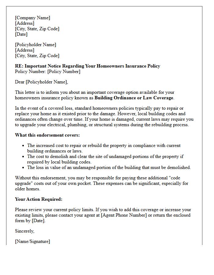 Homeowners Building Ordinance or Law Coverage Endorsement Notice Letter