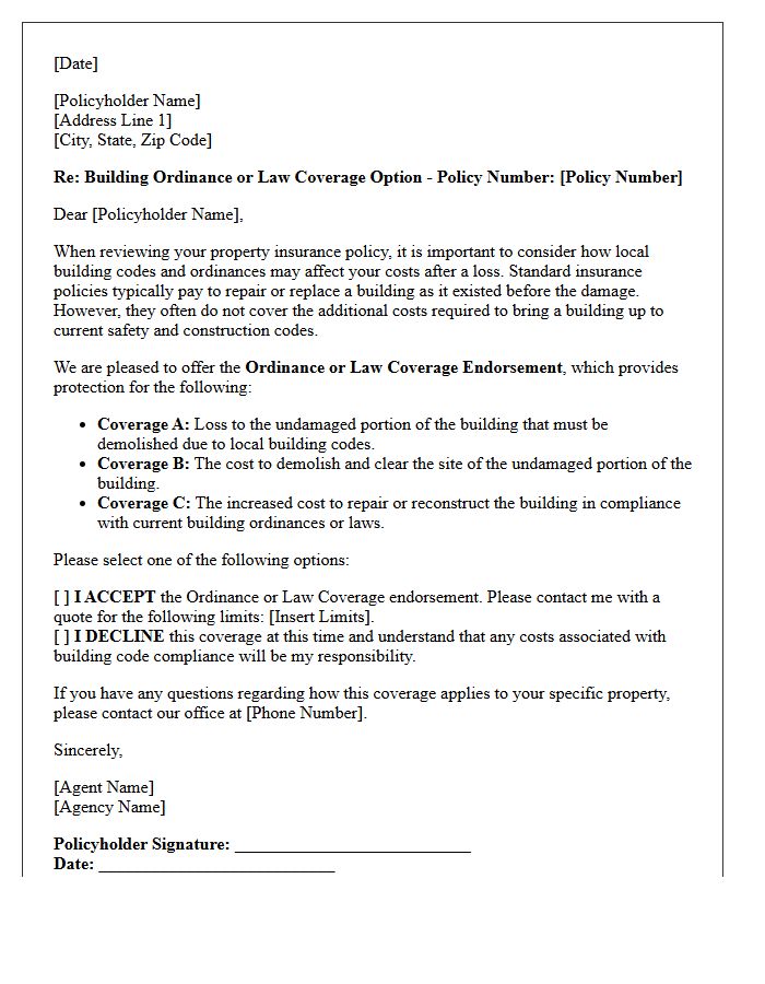 Building Ordinance or Law Coverage Endorsement Option Letter