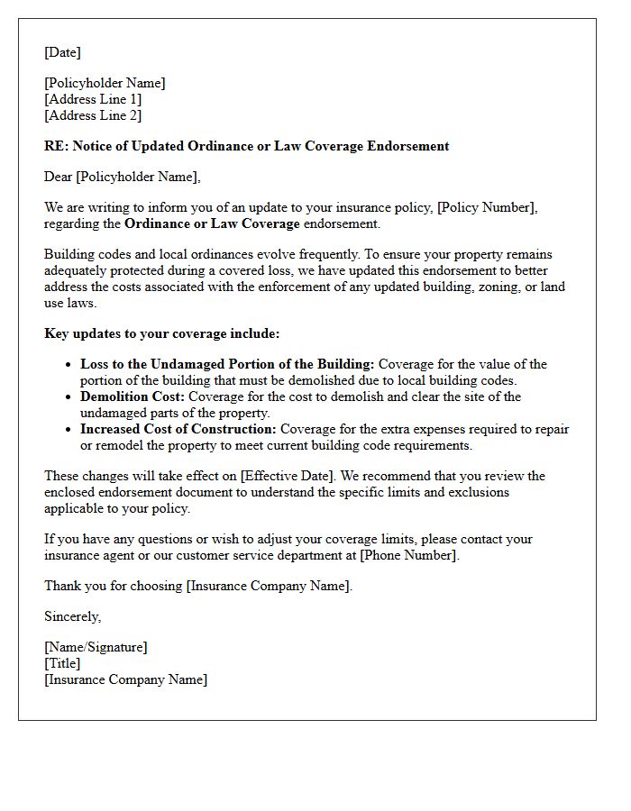 Updated Policy Building Ordinance or Law Coverage Endorsement Letter