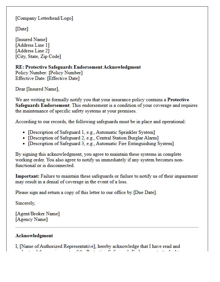 Initial Protective Safeguards Endorsement Acknowledgment Letter