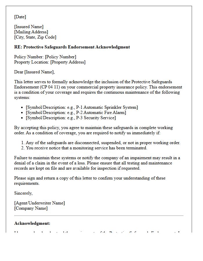 Commercial Property Protective Safeguards Endorsement Acknowledgment Letter