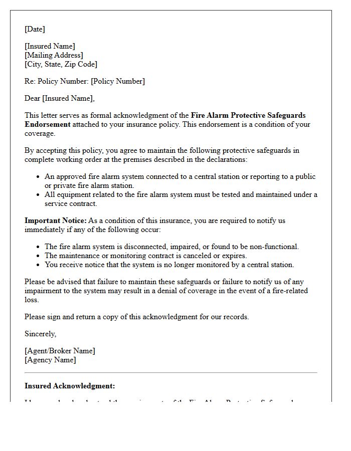 Fire Alarm Protective Safeguards Endorsement Acknowledgment Letter