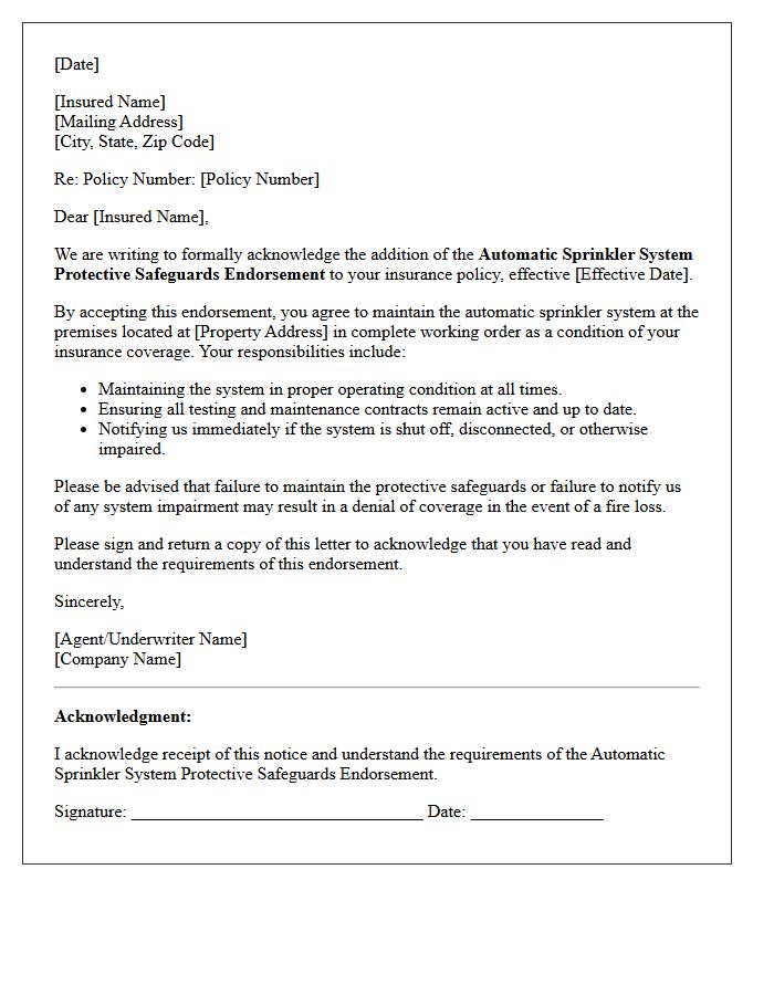 Automatic Sprinkler System Protective Safeguards Endorsement Acknowledgment Letter