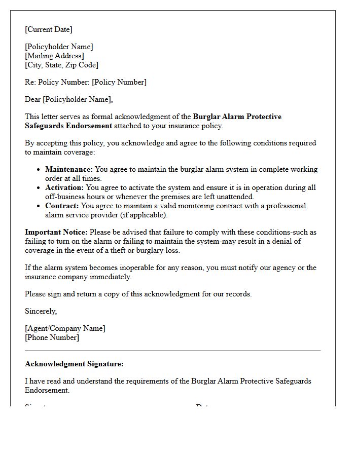 Burglar Alarm Protective Safeguards Endorsement Acknowledgment Letter