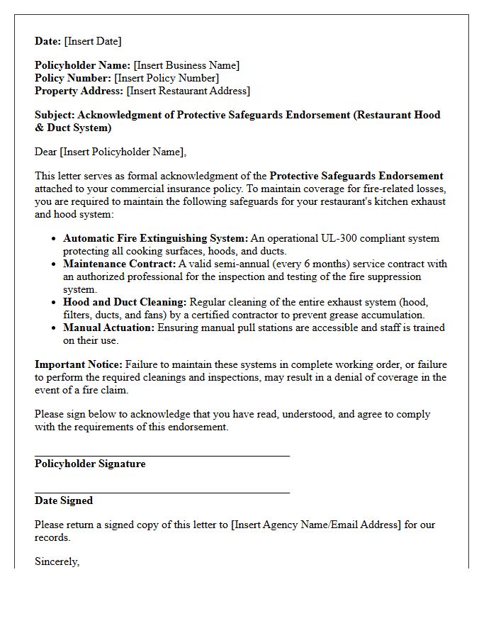 Restaurant Hood System Protective Safeguards Endorsement Acknowledgment Letter