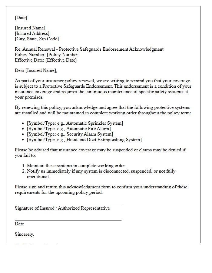 Annual Renewal Protective Safeguards Endorsement Acknowledgment Letter