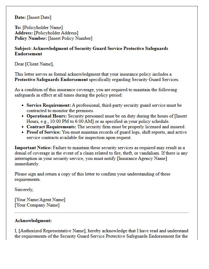 Security Guard Service Protective Safeguards Endorsement Acknowledgment Letter