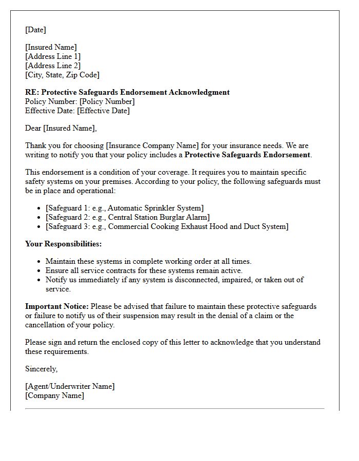 New Policy Protective Safeguards Endorsement Acknowledgment Letter