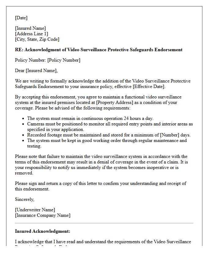Video Surveillance Protective Safeguards Endorsement Acknowledgment Letter