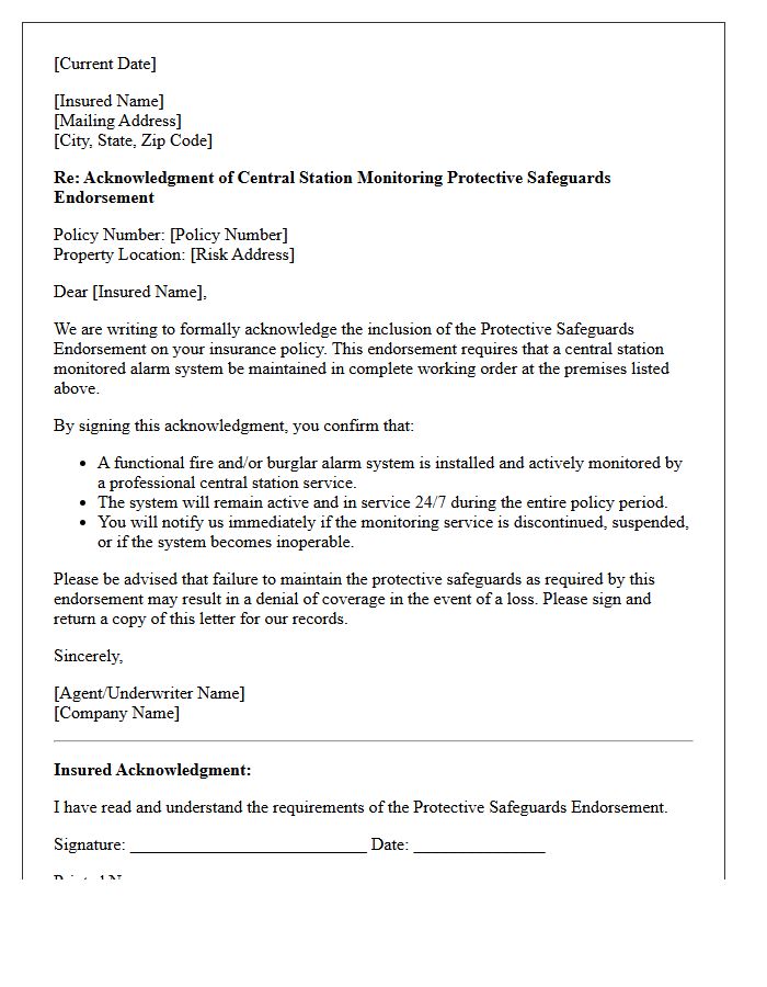 Central Station Monitoring Protective Safeguards Endorsement Acknowledgment Letter
