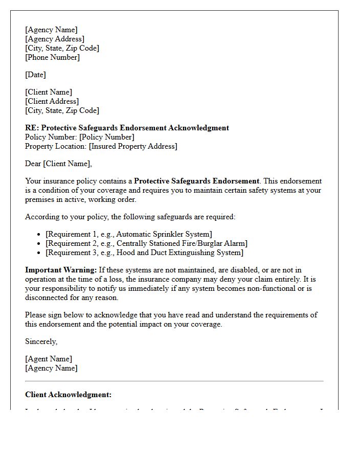 Insurance Agency Client Protective Safeguards Endorsement Acknowledgment Letter