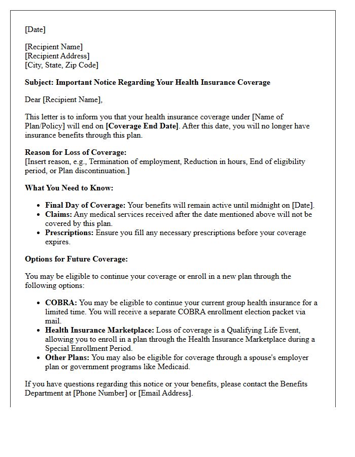 Impending Loss of Coverage Notice Letter