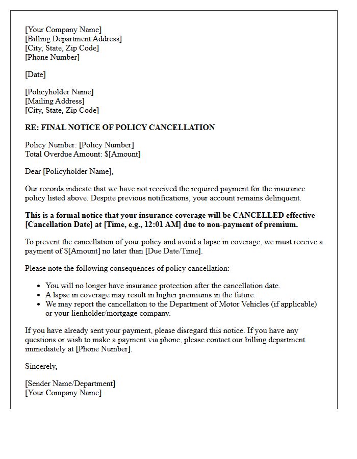 Final Notice of Policy Cancellation Letter Due to Non-Payment
