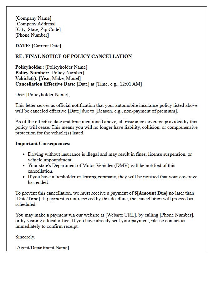 Auto Insurance Final Notice of Policy Cancellation Letter