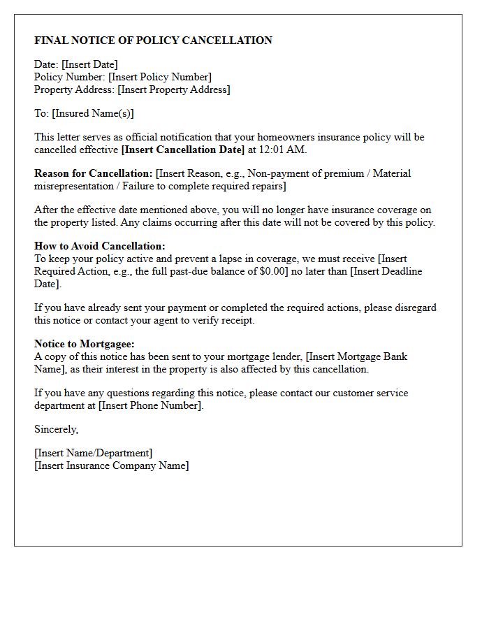 Homeowners Insurance Final Notice of Policy Cancellation Letter
