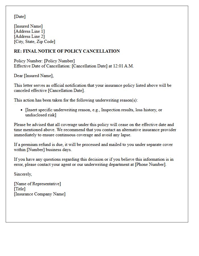 Final Notice of Policy Cancellation Letter for Underwriting Reasons