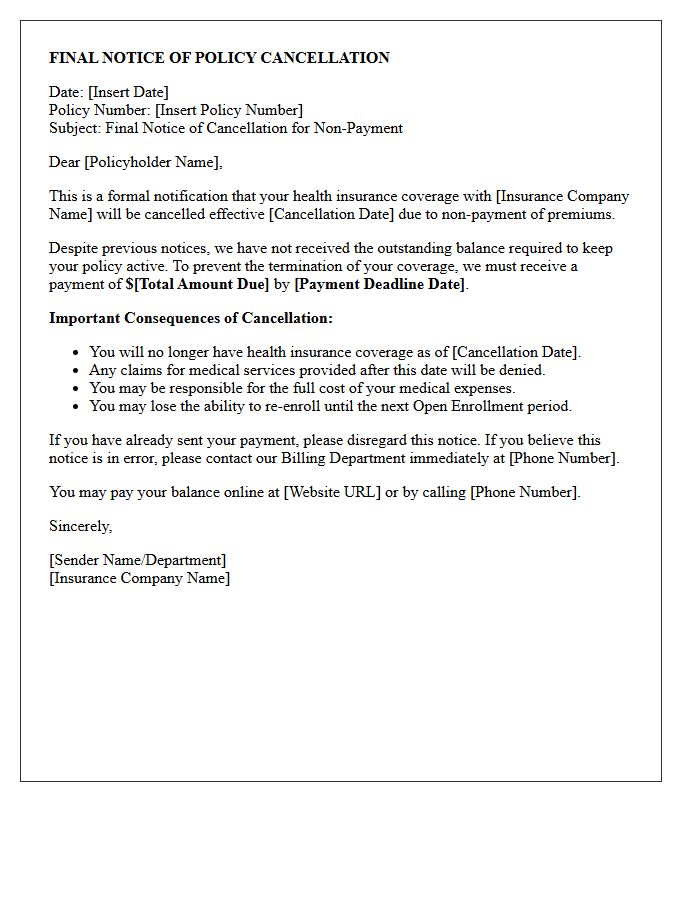 Health Insurance Final Notice of Policy Cancellation Letter