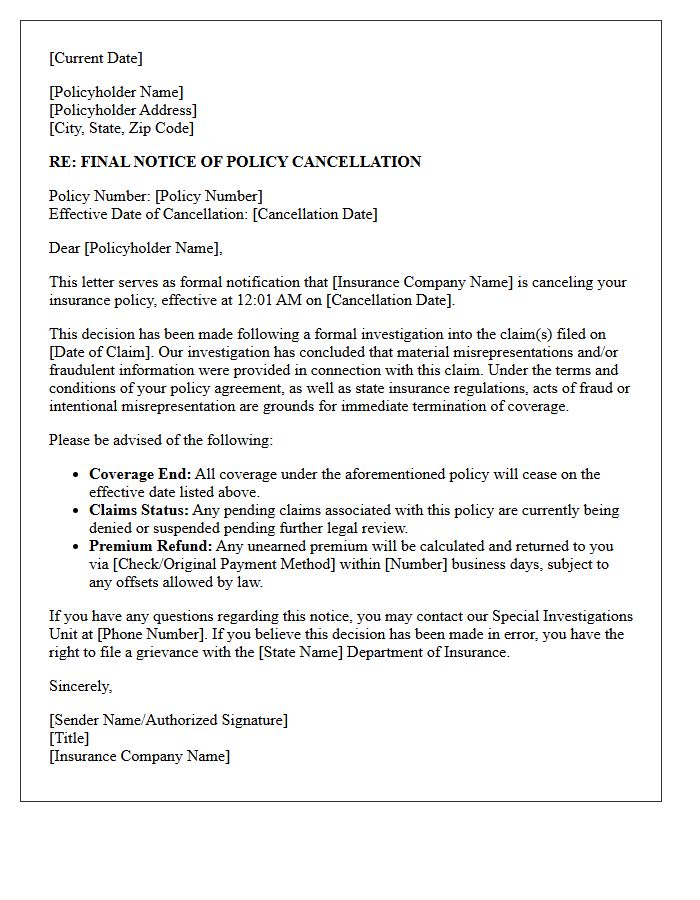 Final Notice of Policy Cancellation Letter Due to Fraudulent Claims