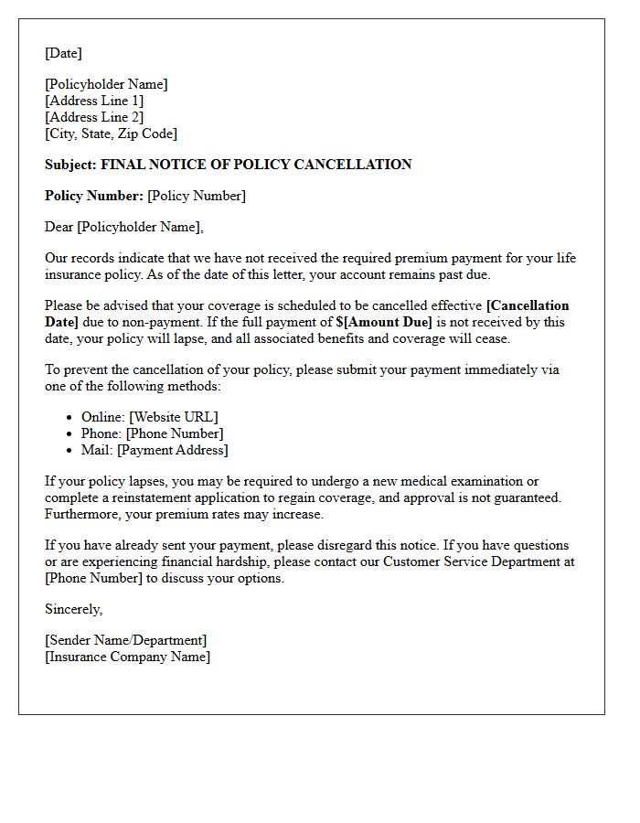Life Insurance Final Notice of Policy Cancellation Letter