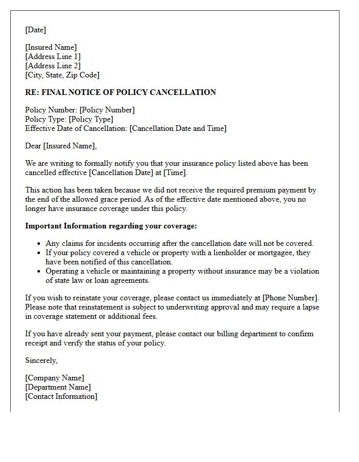 Final Notice of Policy Cancellation Letter Following Grace Period