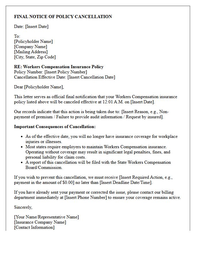 Workers Compensation Final Notice of Policy Cancellation Letter