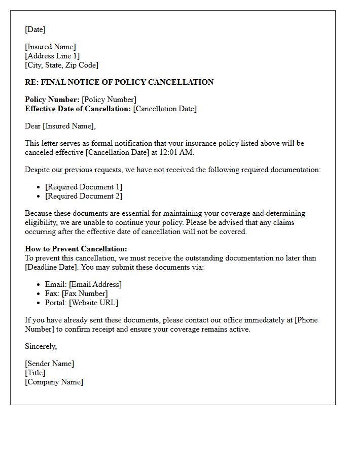 Final Notice of Policy Cancellation Letter for Unresolved Documentation
