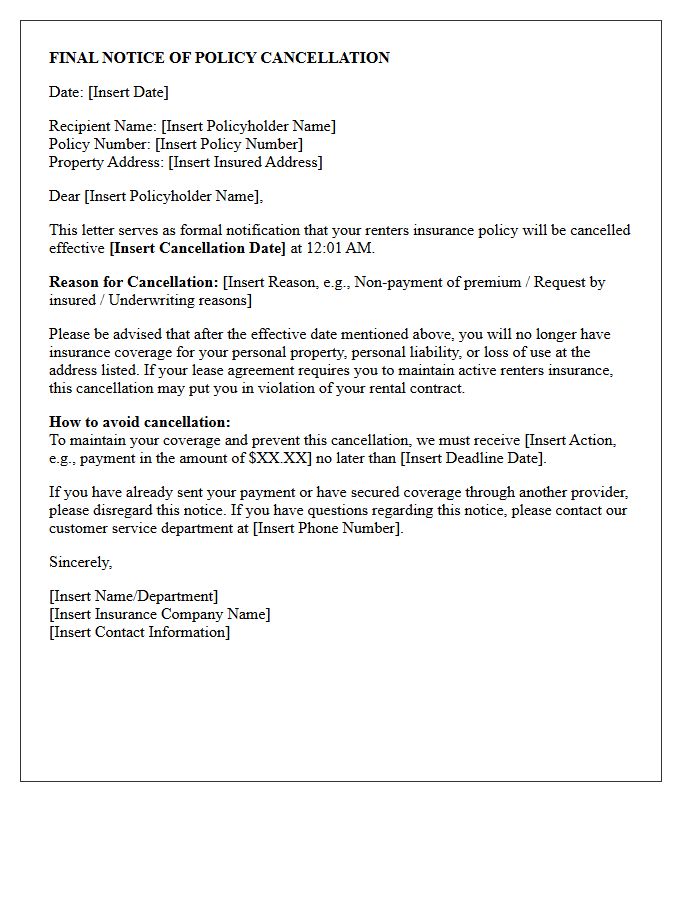 Renters Insurance Final Notice of Policy Cancellation Letter