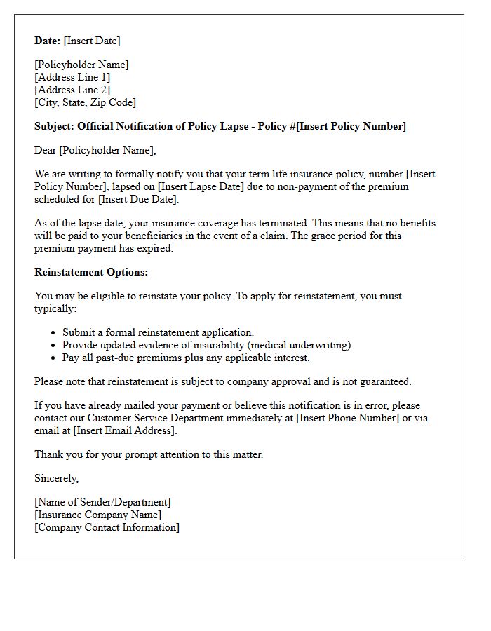 Official Term Life Policy Lapse Notification Letter