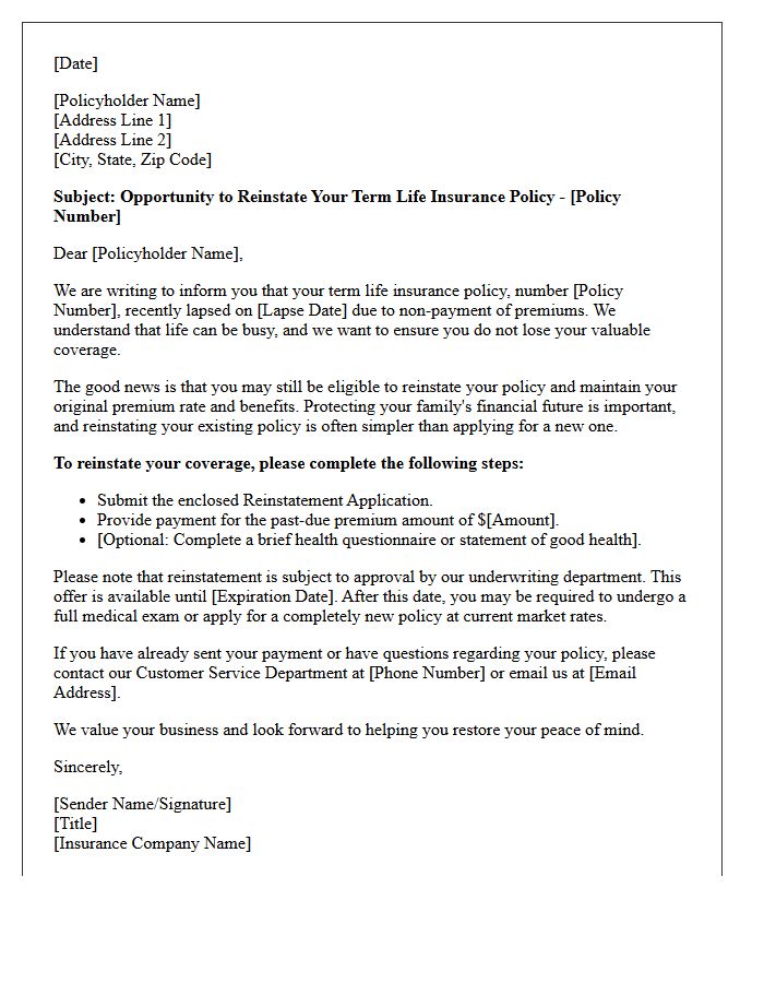 Term Life Policy Reinstatement Opportunity Letter