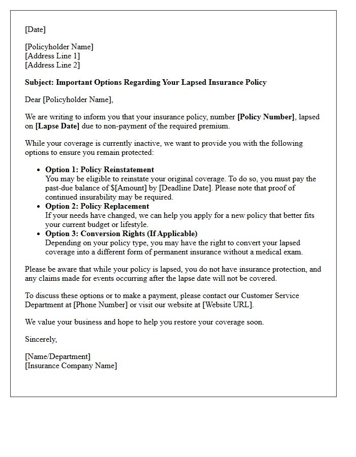 Post-Lapse Insurance Options Letter