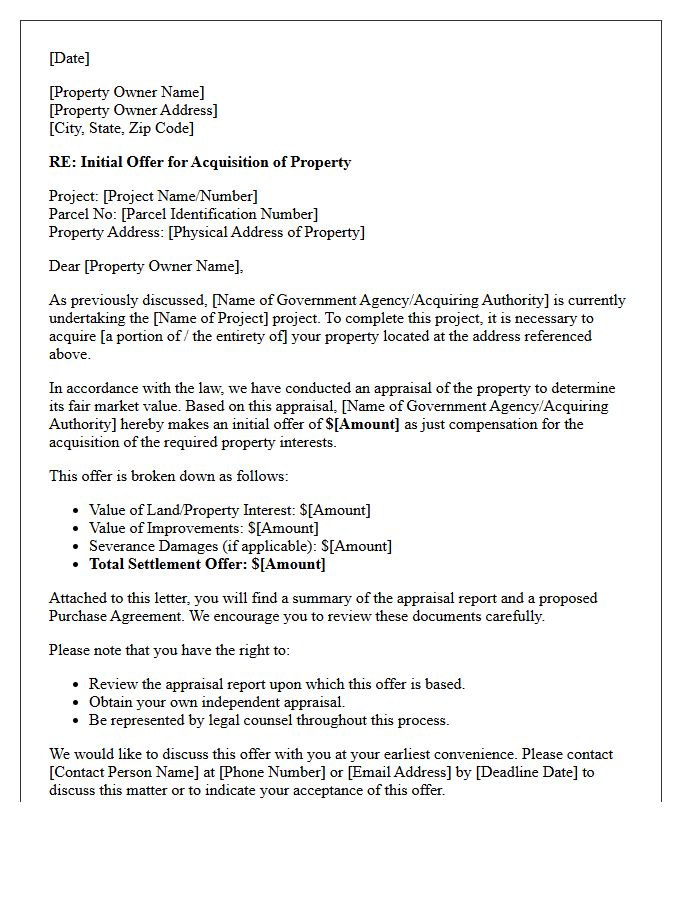 Initial Eminent Domain Valuation Settlement Offer Letter