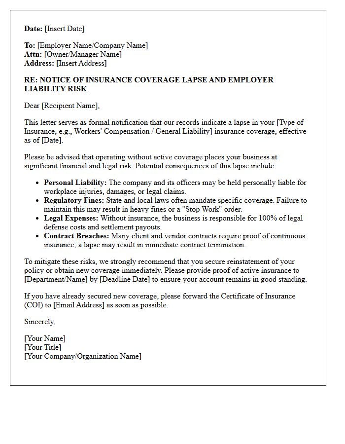 Employer Liability Risk and Coverage Lapse Letter