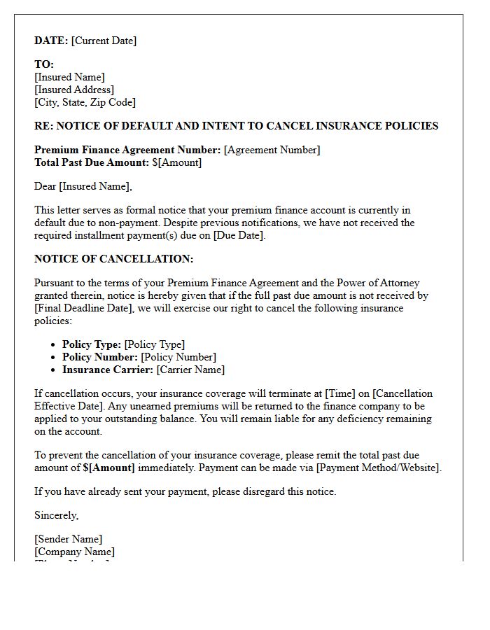 Premium Financing Default and Cancellation Letter