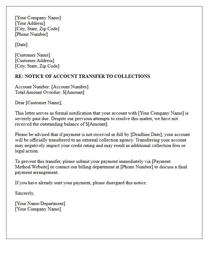 Notice of Account Transfer to Collections Letter